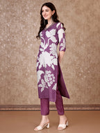 Hand Embroidered & Floral Printed Pure Silk Kurta With Pant & Dupatta, Lavender - Hiral Fashion | Grocsy