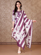 Hand Embroidered & Floral Printed Pure Silk Kurta With Pant & Dupatta, Lavender - Hiral Fashion | Grocsy