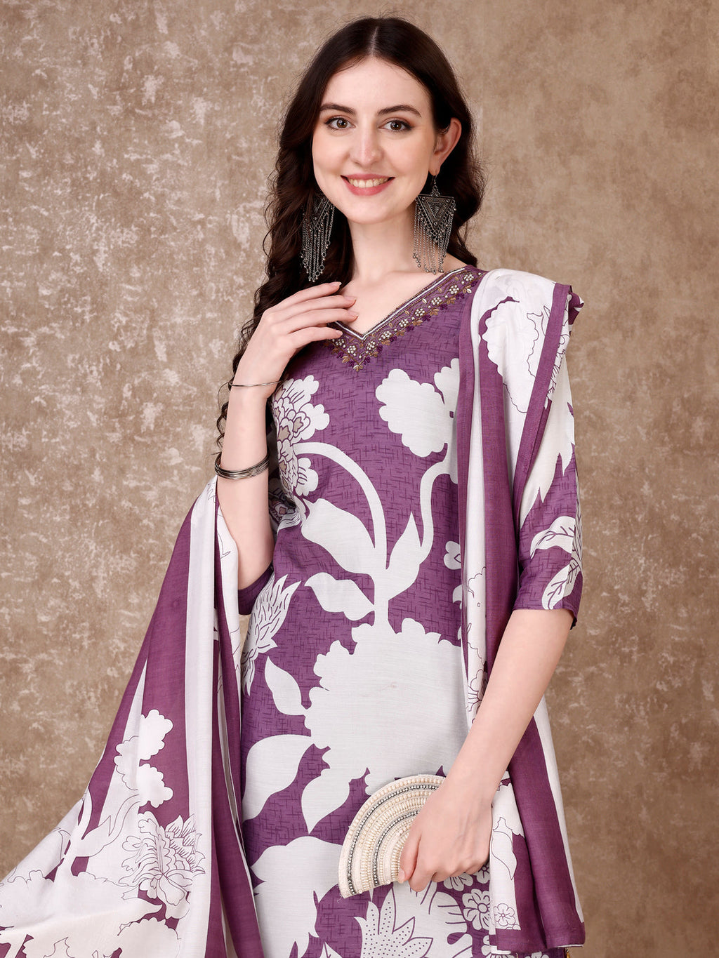 Hand Embroidered & Floral Printed Pure Silk Kurta With Pant & Dupatta, Lavender - Hiral Fashion | Grocsy
