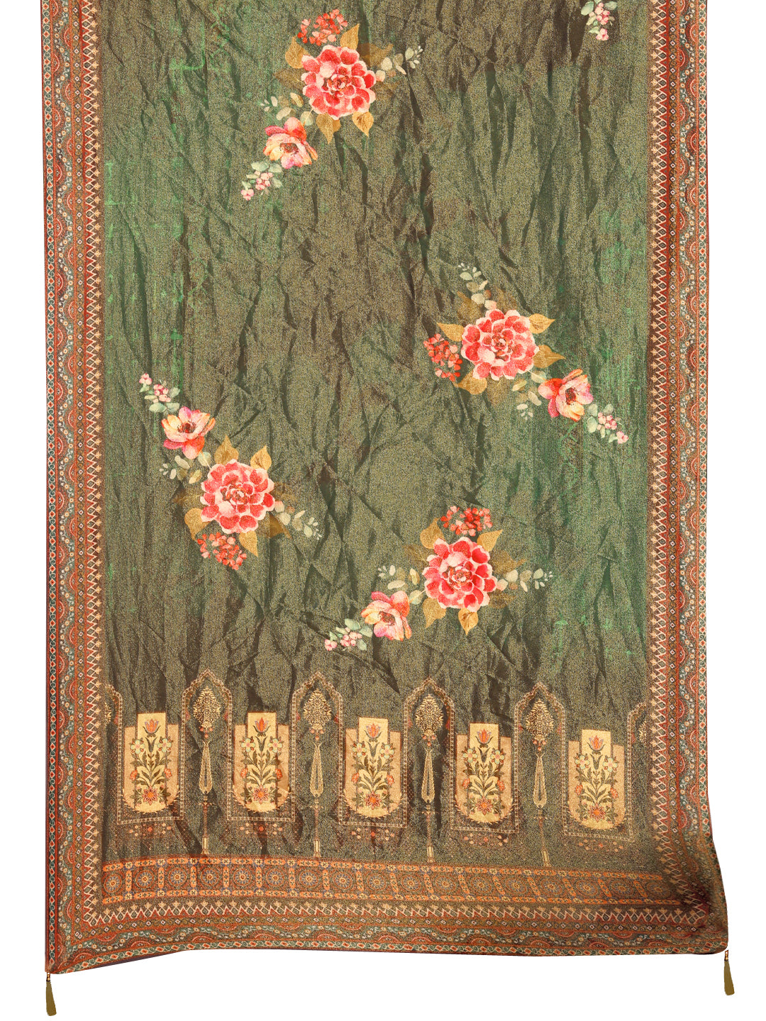 Hand Embroidered & Printed Pure Silk Kurta With Pant & Printed Dupatta, Green - Hiral Fashion | Grocsy