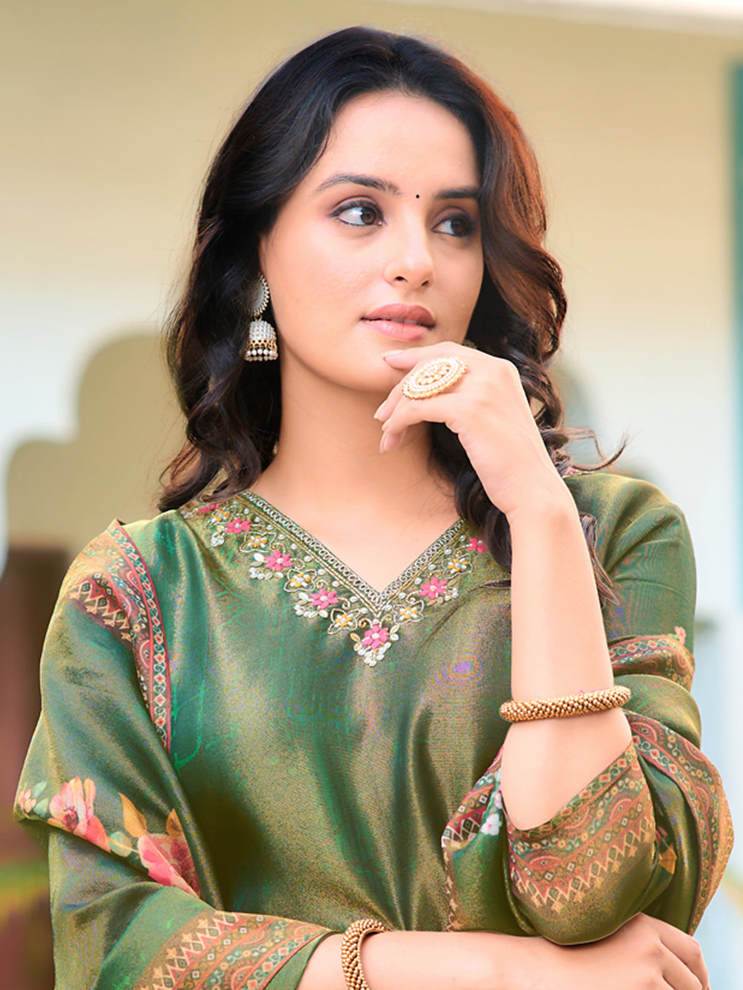Hand Embroidered & Printed Pure Silk Kurta With Pant & Printed Dupatta, Green - Hiral Fashion | Grocsy
