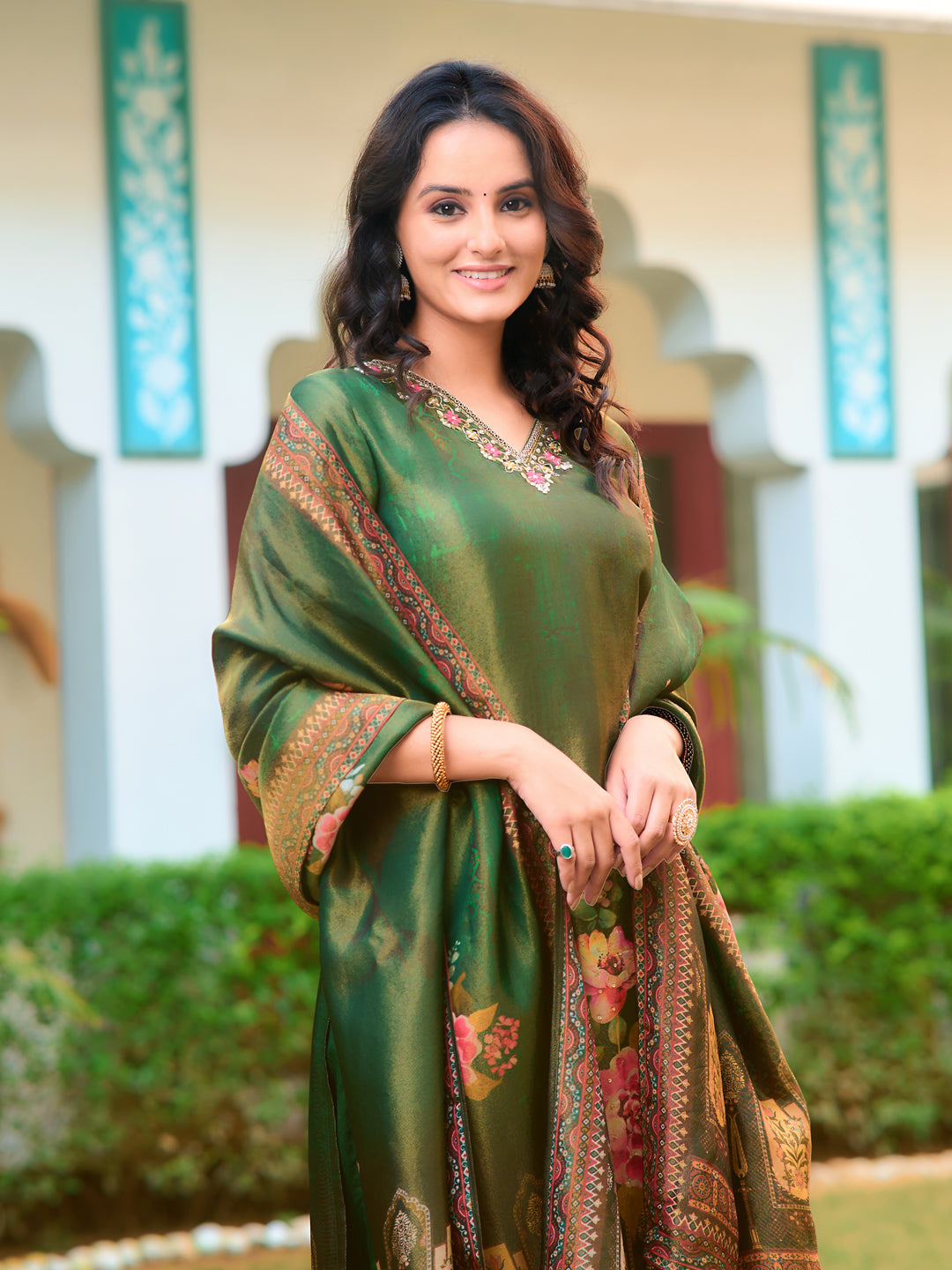 Hand Embroidered & Printed Pure Silk Kurta With Pant & Printed Dupatta, Green - Hiral Fashion | Grocsy