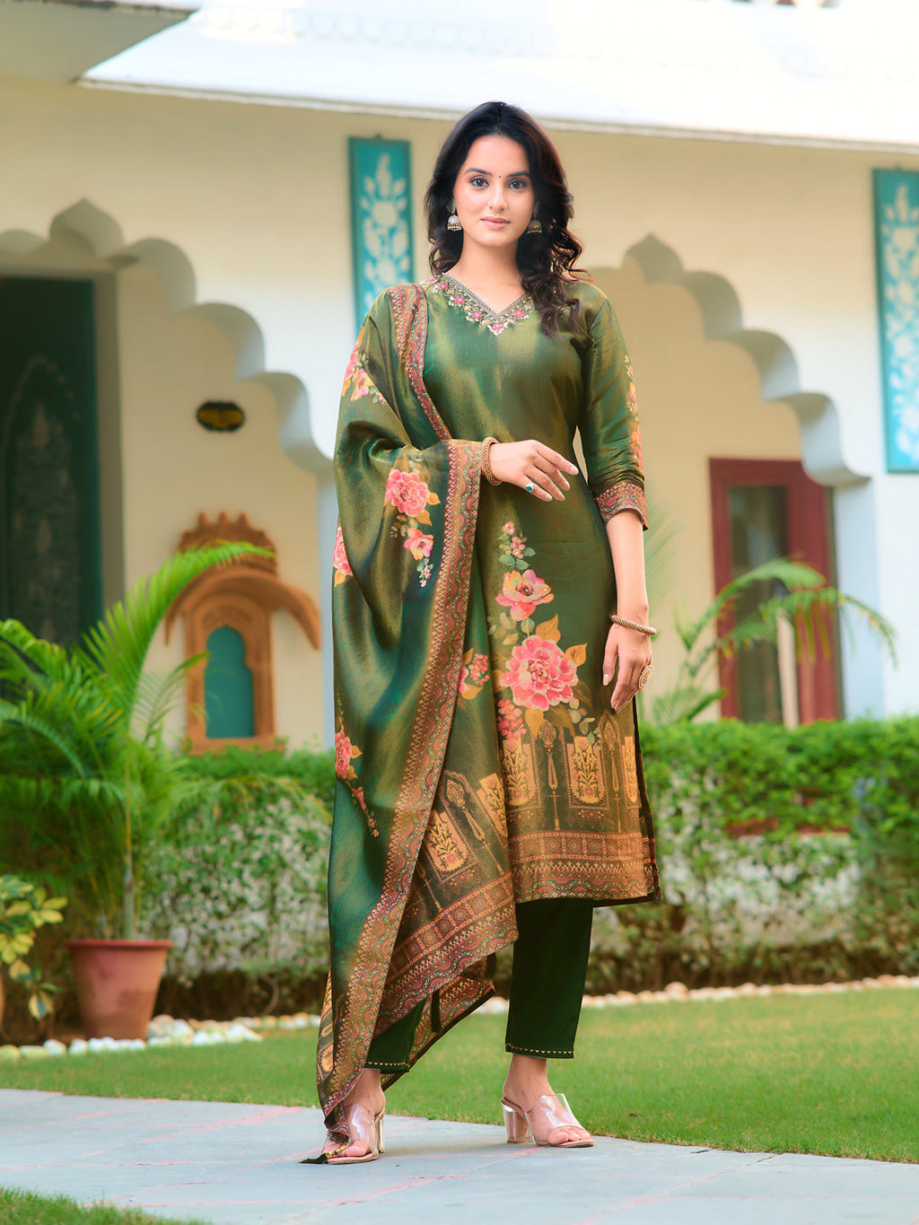 Hand Embroidered & Printed Pure Silk Kurta With Pant & Printed Dupatta, Green - Hiral Fashion | Grocsy