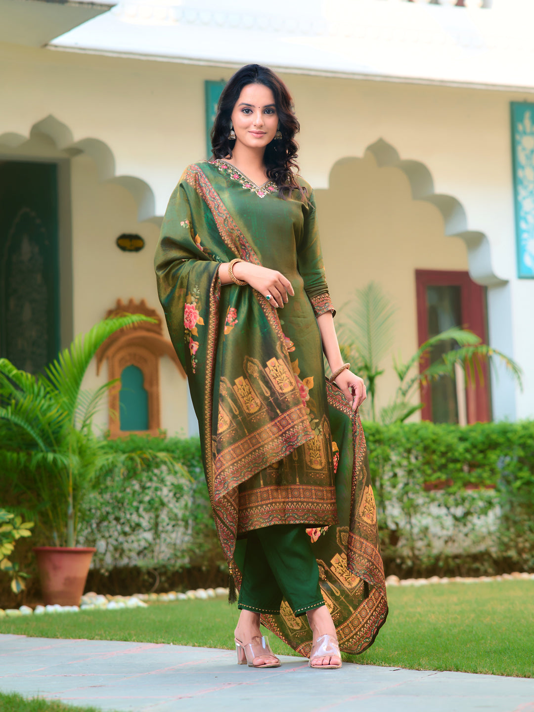 Hand Embroidered & Printed Pure Silk Kurta With Pant & Printed Dupatta, Green - Hiral Fashion | Grocsy