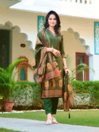 Hand Embroidered & Printed Pure Silk Kurta With Pant & Printed Dupatta, Green - Hiral Fashion | Grocsy