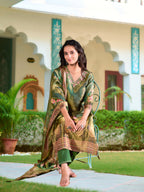 Hand Embroidered & Printed Pure Silk Kurta With Pant & Printed Dupatta, Green - Hiral Fashion | Grocsy