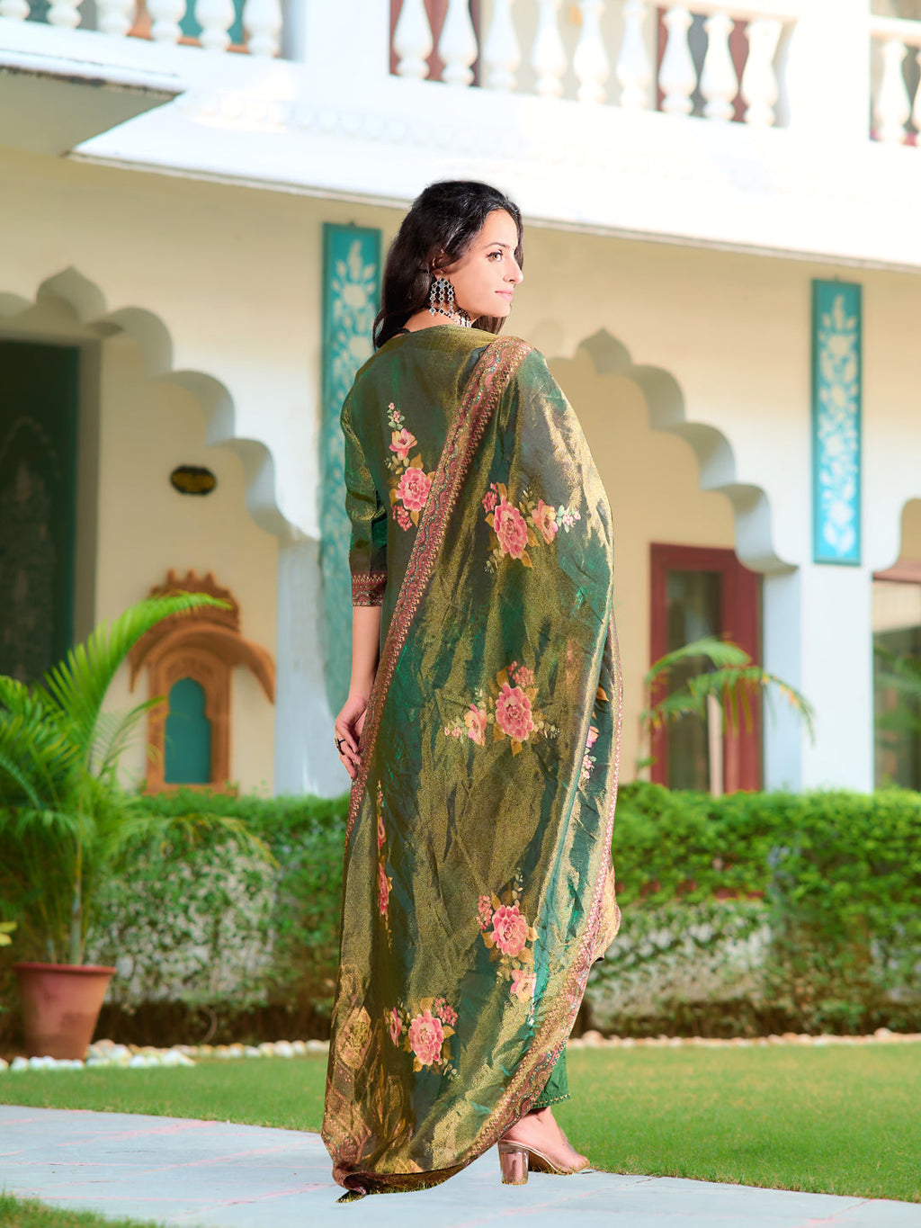 Hand Embroidered & Printed Pure Silk Kurta With Pant & Printed Dupatta, Green - Hiral Fashion | Grocsy