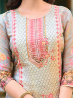 Hand Embroidered & Printed Pure Silk Kurta With Pant & Printed Dupatta, Grey - Hiral Fashion | Grocsy
