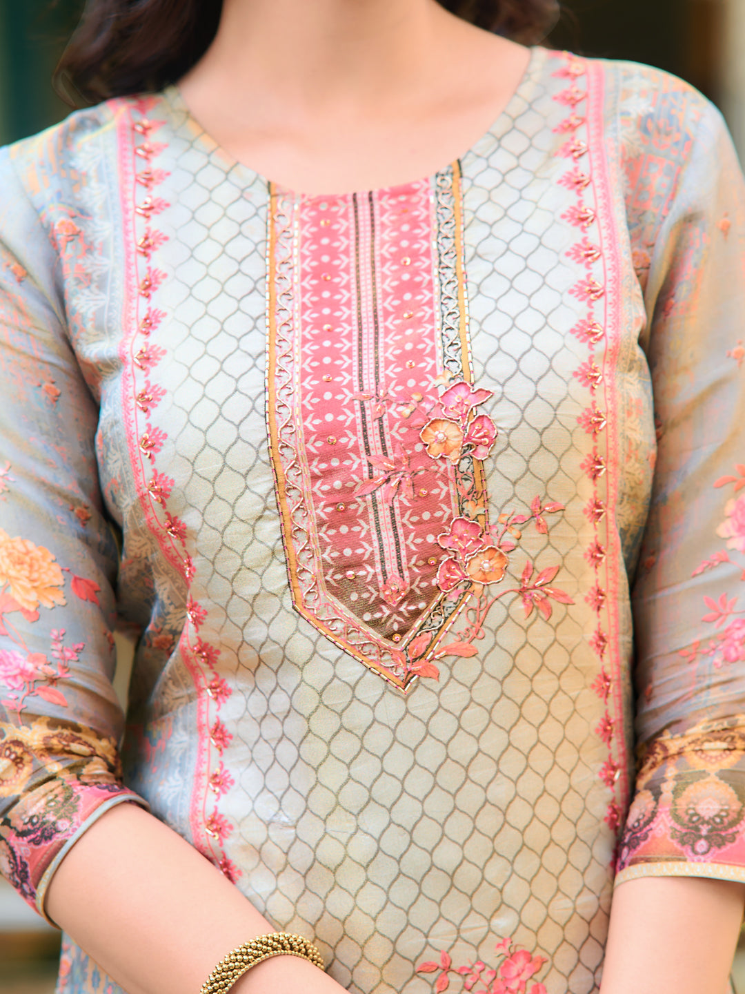 Hand Embroidered & Printed Pure Silk Kurta With Pant & Printed Dupatta, Grey - Hiral Fashion | Grocsy