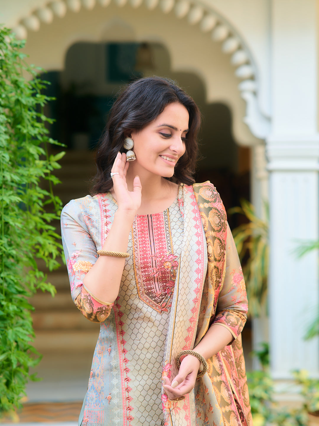 Hand Embroidered & Printed Pure Silk Kurta With Pant & Printed Dupatta, Grey - Hiral Fashion | Grocsy