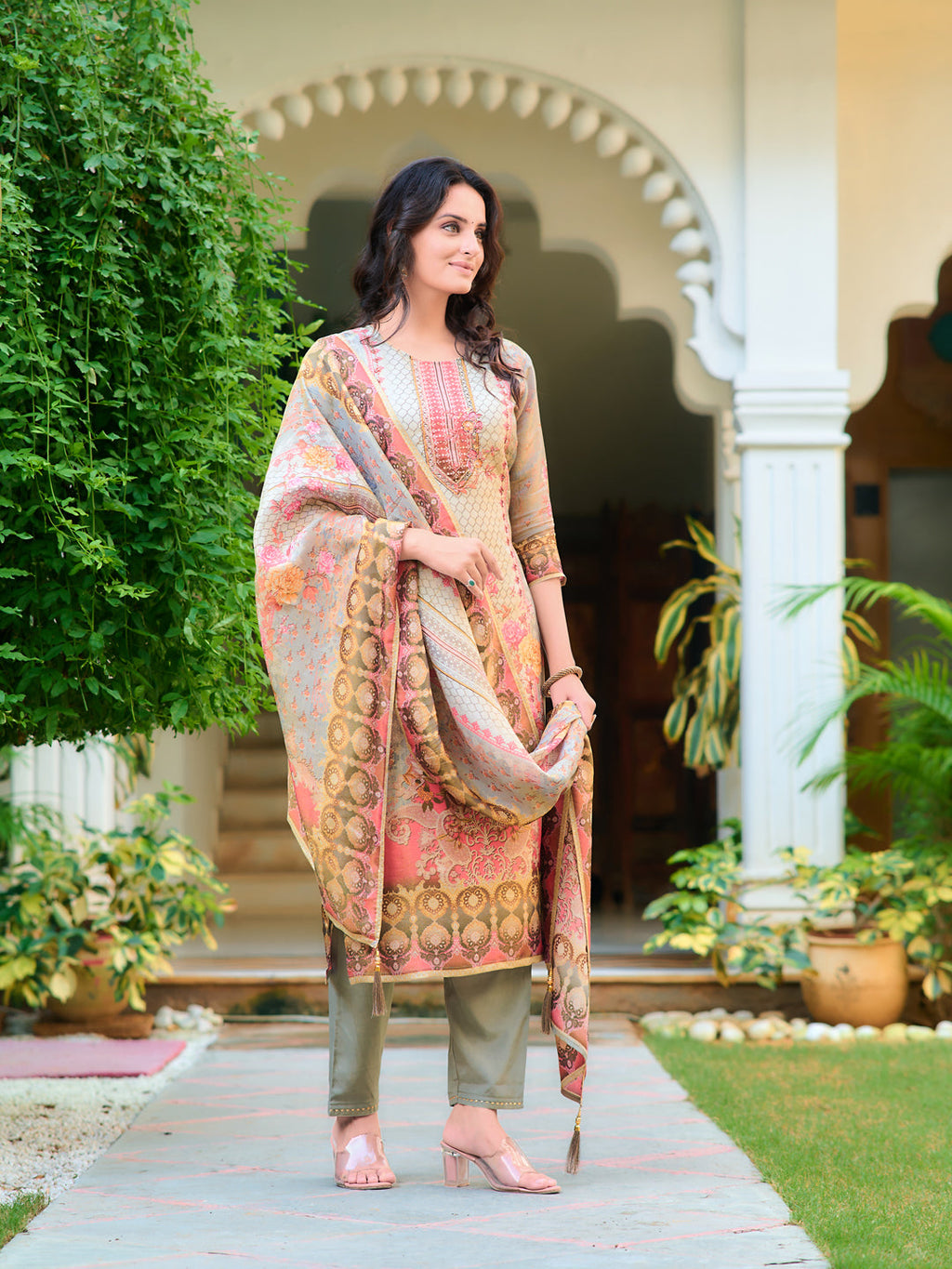 Hand Embroidered & Printed Pure Silk Kurta With Pant & Printed Dupatta, Grey - Hiral Fashion | Grocsy