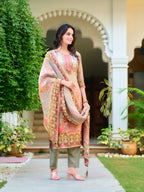 Hand Embroidered & Printed Pure Silk Kurta With Pant & Printed Dupatta, Grey - Hiral Fashion | Grocsy