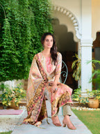 Hand Embroidered & Printed Pure Silk Kurta With Pant & Printed Dupatta, Grey - Hiral Fashion | Grocsy
