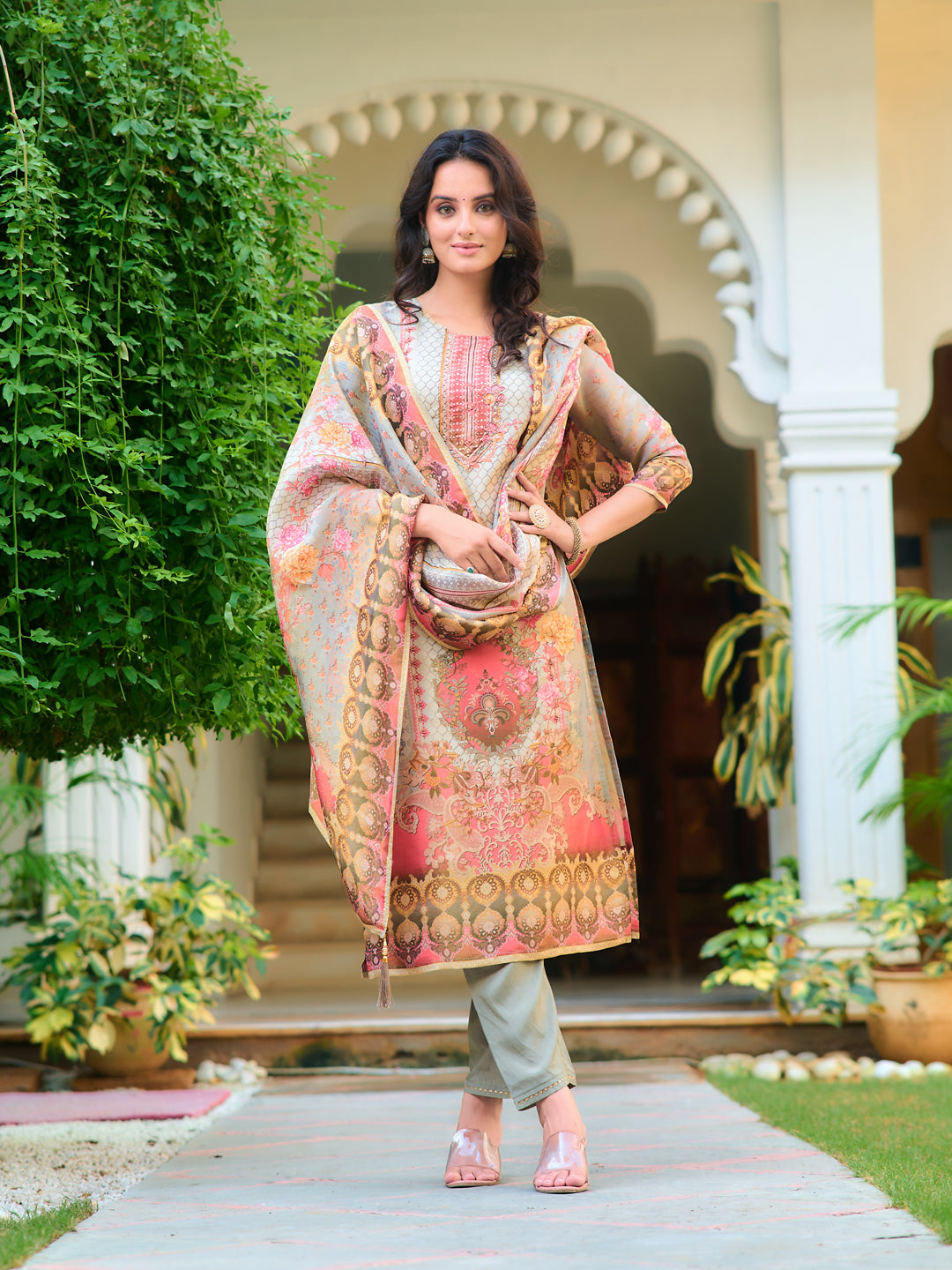 Hand Embroidered & Printed Pure Silk Kurta With Pant & Printed Dupatta, Grey - Hiral Fashion | Grocsy