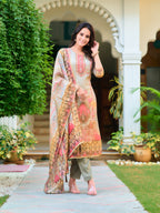 Hand Embroidered & Printed Pure Silk Kurta With Pant & Printed Dupatta, Grey - Hiral Fashion | Grocsy