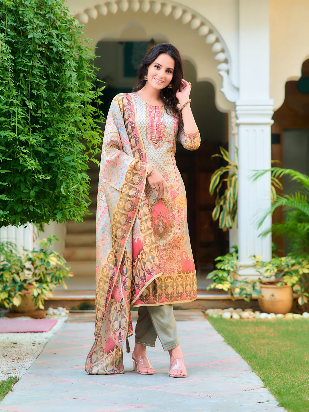 Hand Embroidered & Printed Pure Silk Kurta With Pant & Printed Dupatta, Grey - Hiral Fashion | Grocsy