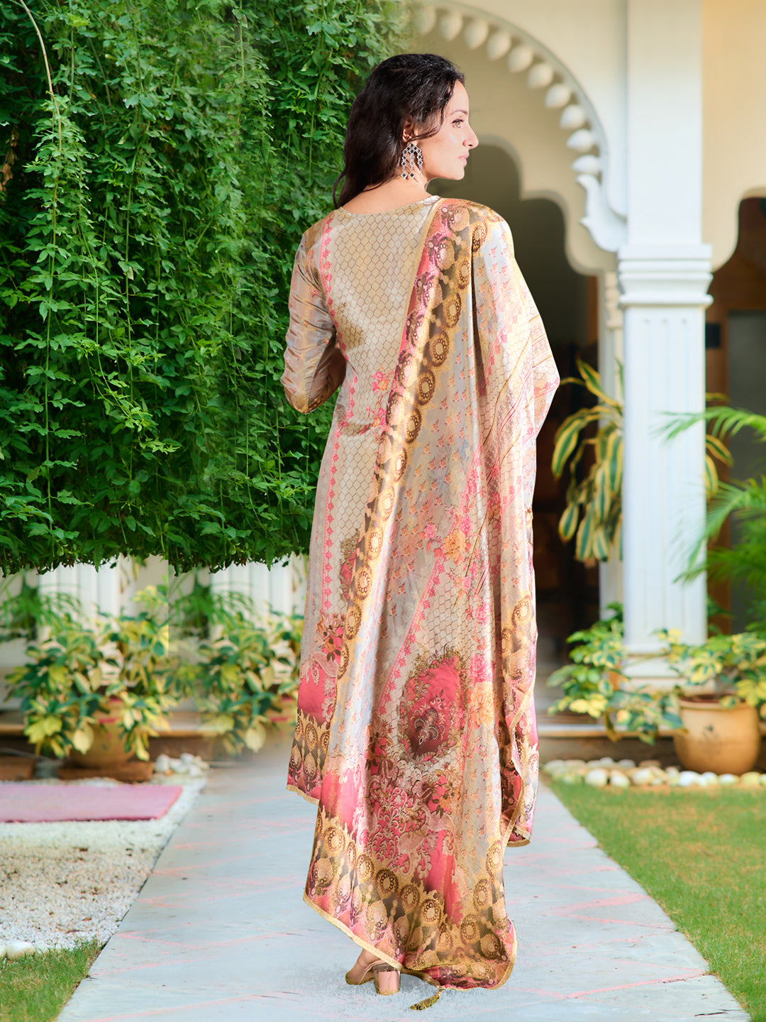 Hand Embroidered & Printed Pure Silk Kurta With Pant & Printed Dupatta, Grey - Hiral Fashion | Grocsy