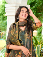 Hand Embroidered & Printed Pure Silk Kurta With Pant & Printed Dupatta, Green - Hiral Fashion | Grocsy