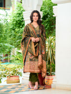Hand Embroidered & Printed Pure Silk Kurta With Pant & Printed Dupatta, Green - Hiral Fashion | Grocsy
