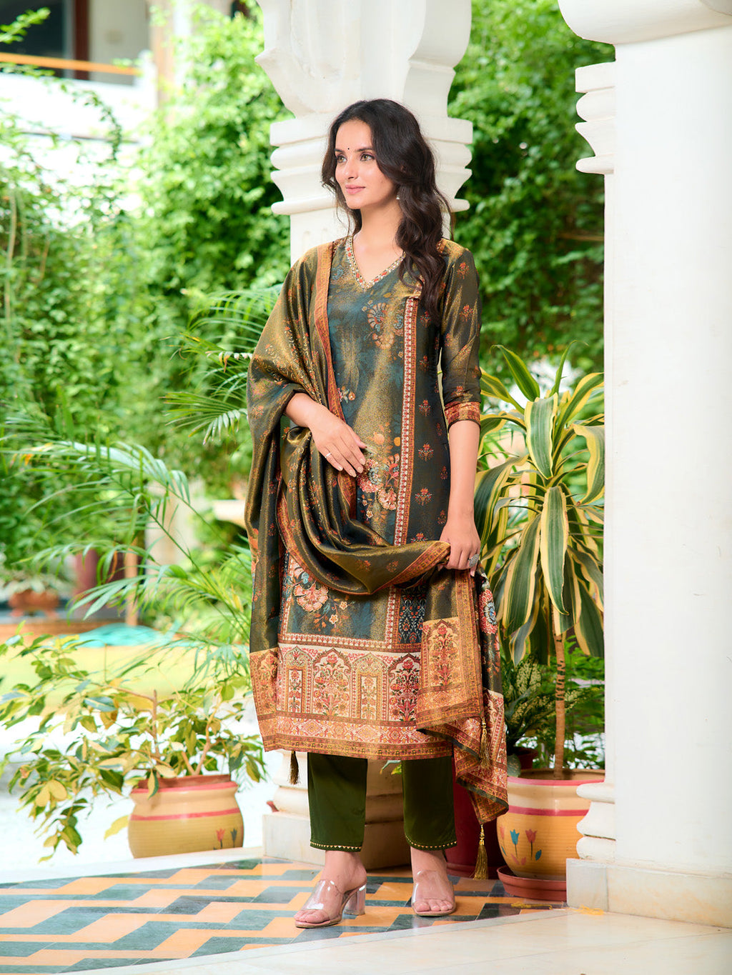 Hand Embroidered & Printed Pure Silk Kurta With Pant & Printed Dupatta, Green - Hiral Fashion | Grocsy