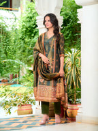 Hand Embroidered & Printed Pure Silk Kurta With Pant & Printed Dupatta, Green - Hiral Fashion | Grocsy