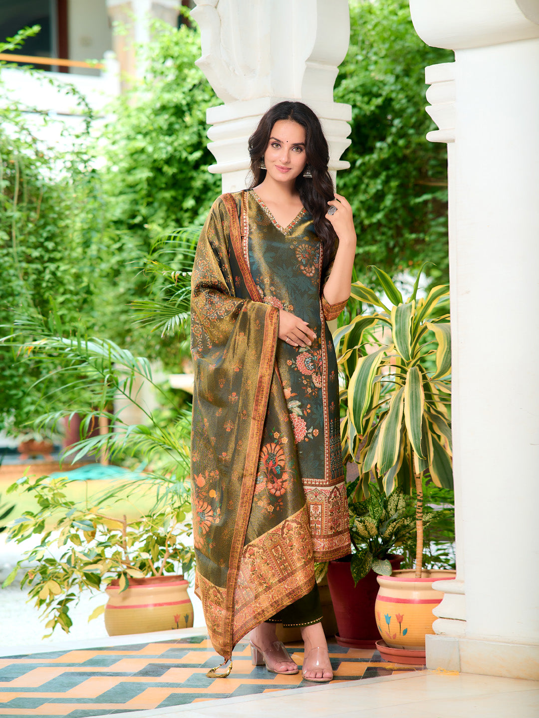 Hand Embroidered & Printed Pure Silk Kurta With Pant & Printed Dupatta, Green - Hiral Fashion | Grocsy