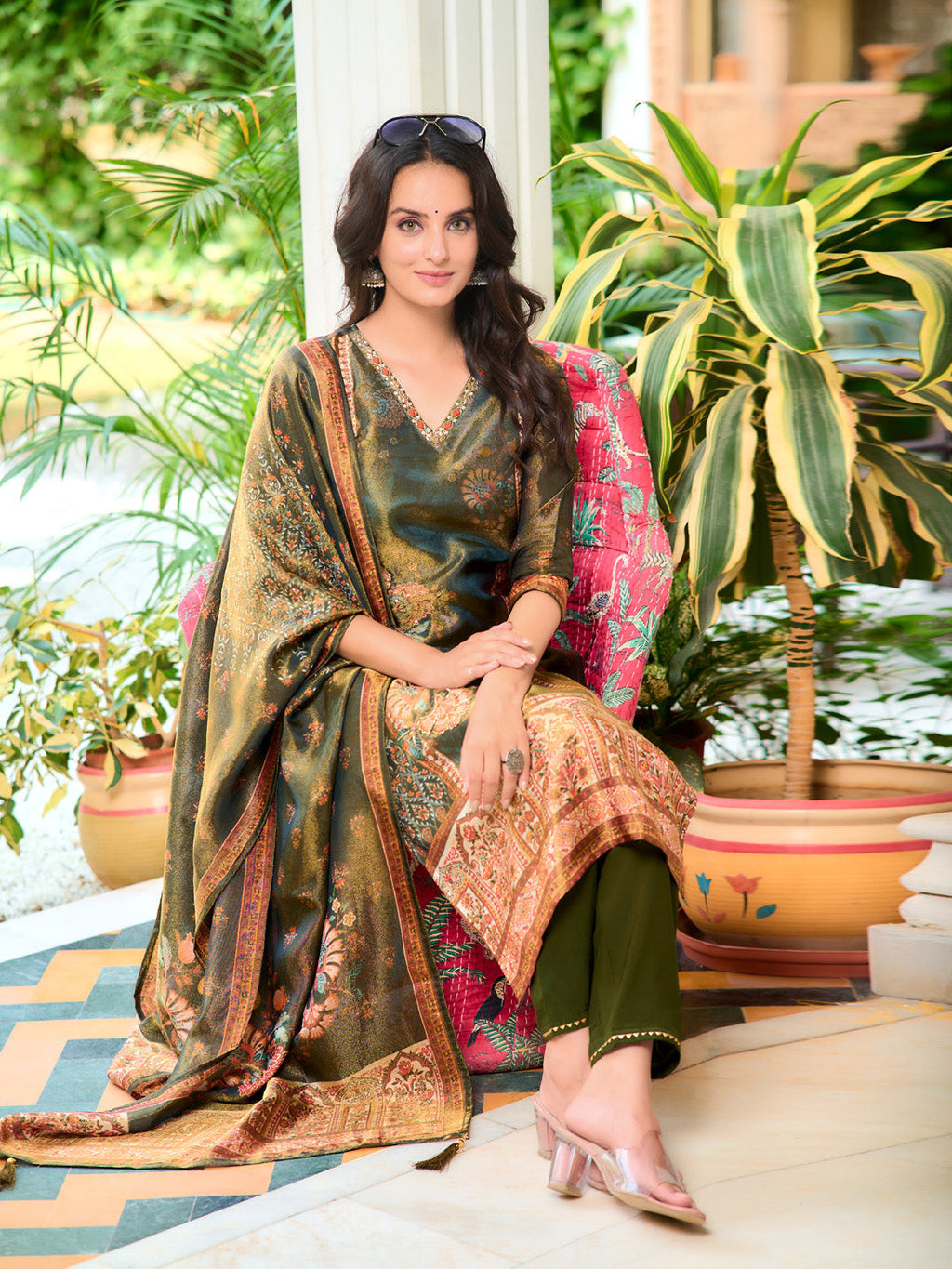 Hand Embroidered & Printed Pure Silk Kurta With Pant & Printed Dupatta, Green - Hiral Fashion | Grocsy