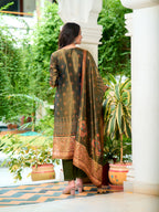Hand Embroidered & Printed Pure Silk Kurta With Pant & Printed Dupatta, Green - Hiral Fashion | Grocsy