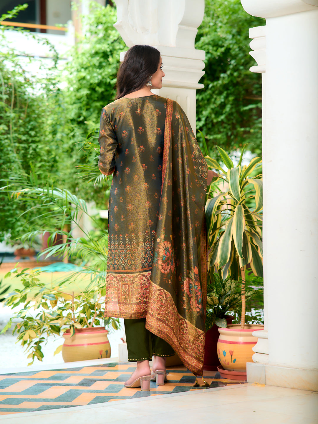 Hand Embroidered & Printed Pure Silk Kurta With Pant & Printed Dupatta, Green - Hiral Fashion | Grocsy