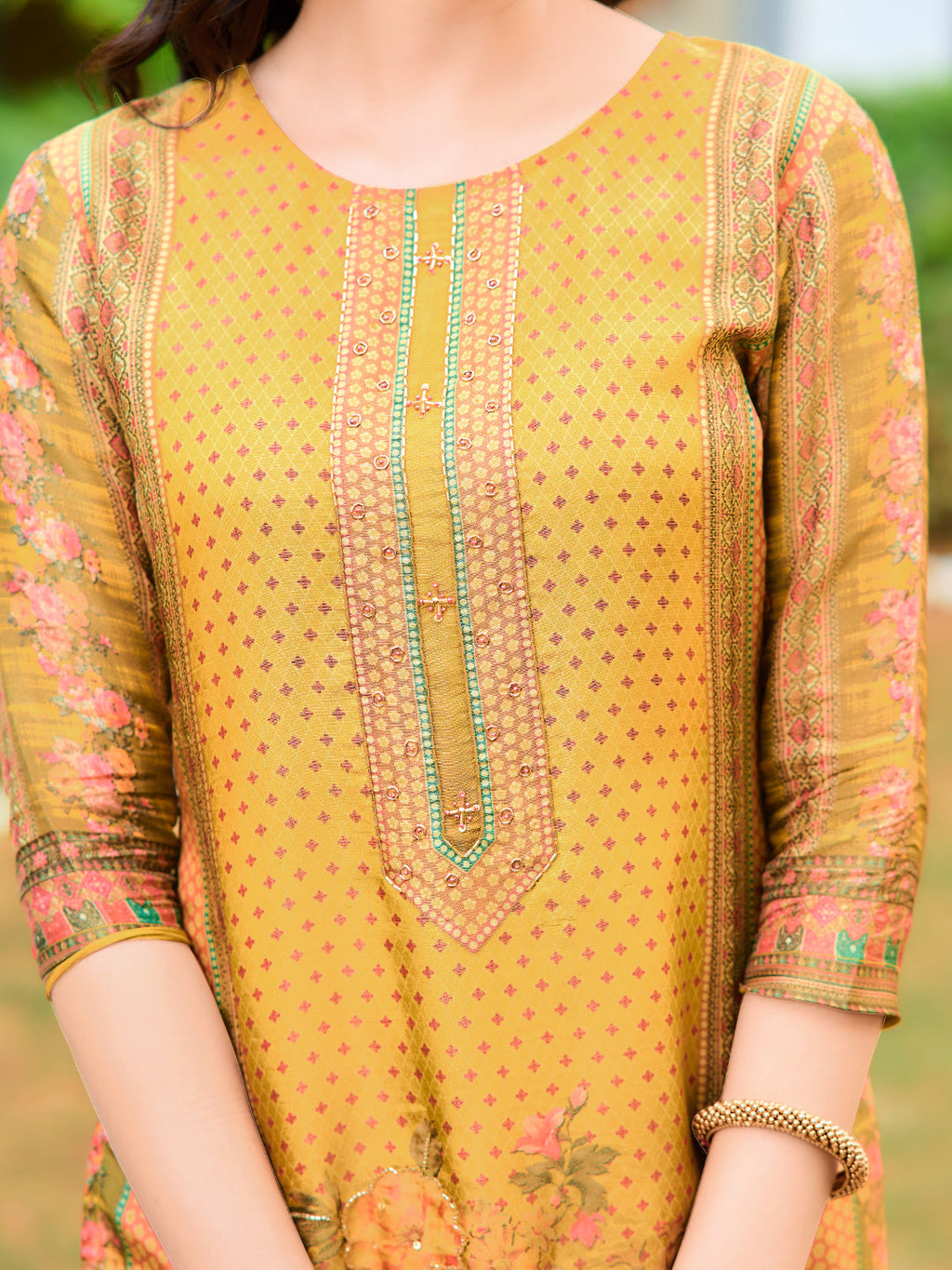 Hand Embroidered & Printed Pure Silk Kurta With Pant & Printed Dupatta, Yellow - Hiral Fashion | Grocsy