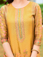 Hand Embroidered & Printed Pure Silk Kurta With Pant & Printed Dupatta, Yellow - Hiral Fashion | Grocsy