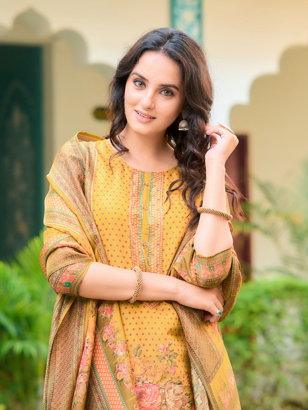 Hand Embroidered & Printed Pure Silk Kurta With Pant & Printed Dupatta, Yellow - Hiral Fashion | Grocsy