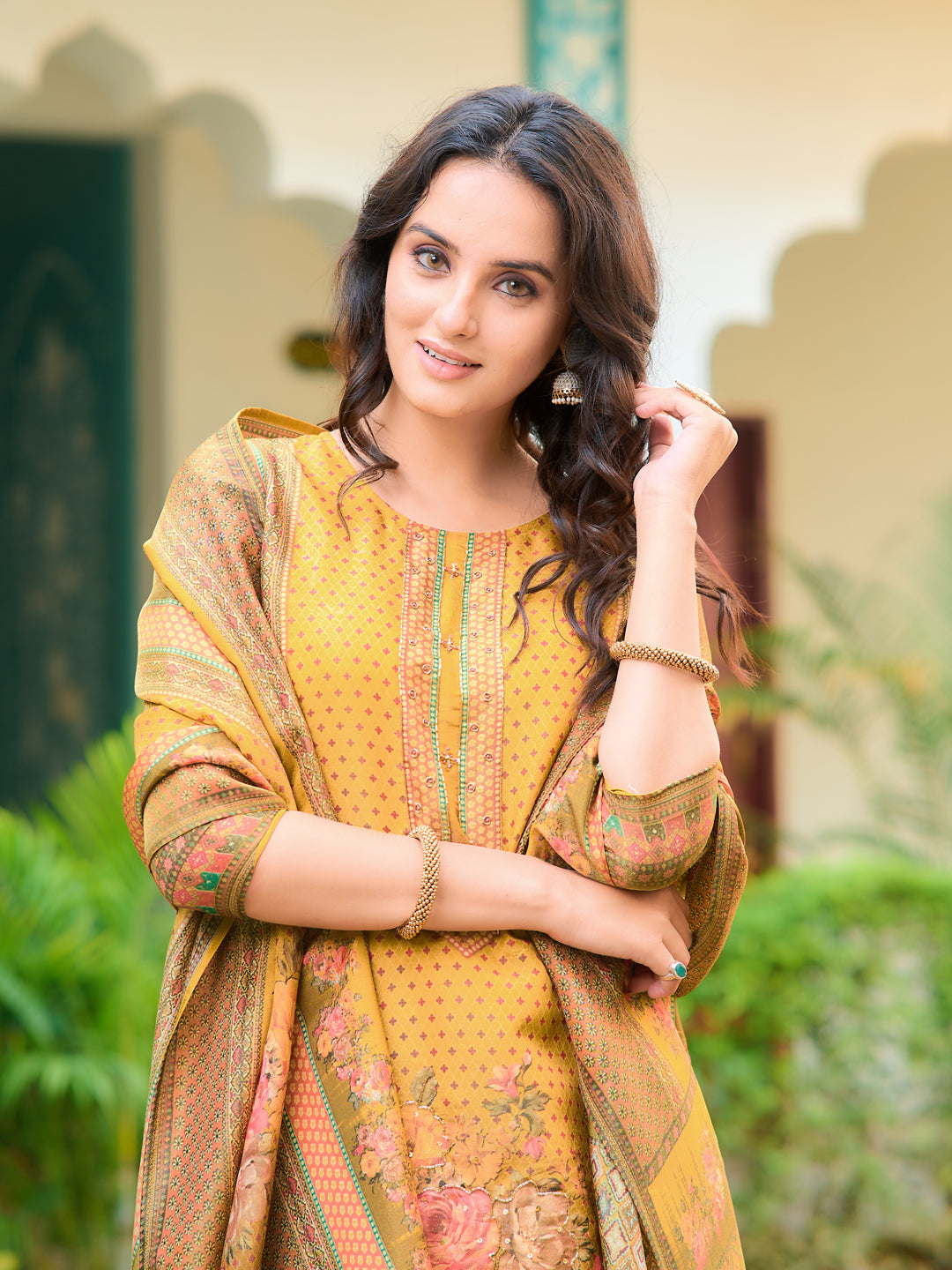 Hand Embroidered & Printed Pure Silk Kurta With Pant & Printed Dupatta, Yellow - Hiral Fashion | Grocsy