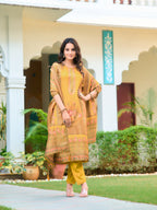Hand Embroidered & Printed Pure Silk Kurta With Pant & Printed Dupatta, Yellow - Hiral Fashion | Grocsy