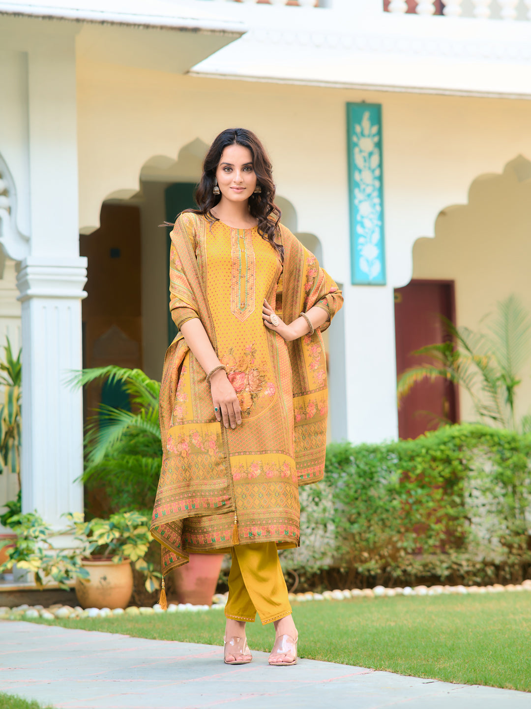 Hand Embroidered & Printed Pure Silk Kurta With Pant & Printed Dupatta, Yellow - Hiral Fashion | Grocsy
