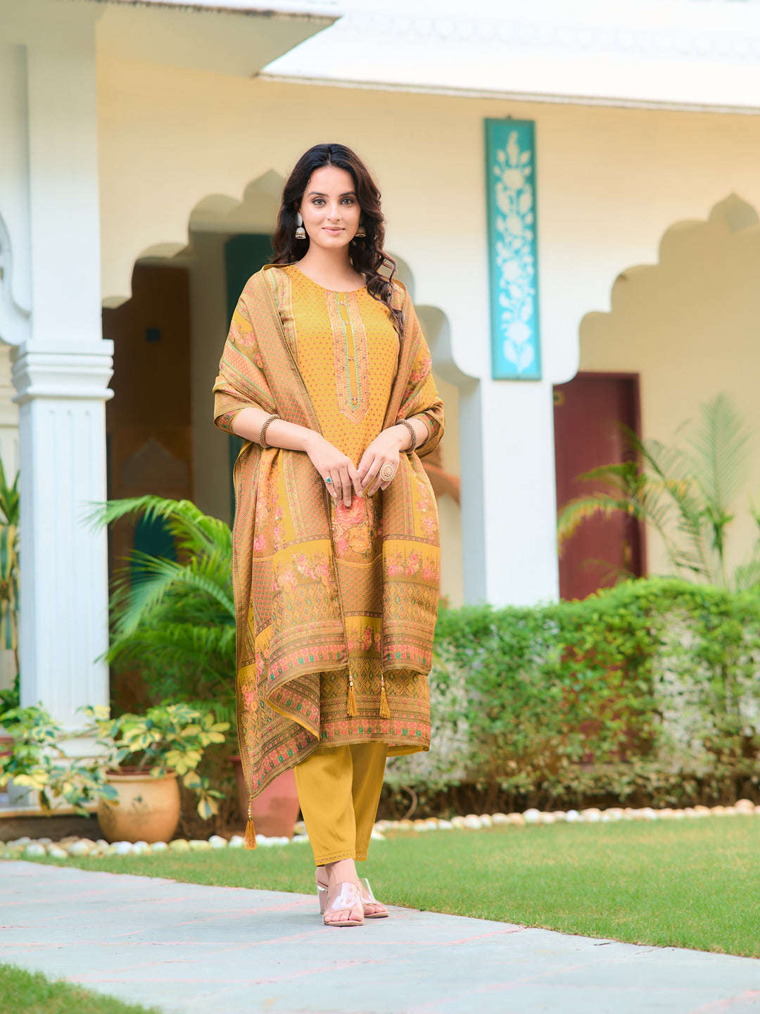 Hand Embroidered & Printed Pure Silk Kurta With Pant & Printed Dupatta, Yellow - Hiral Fashion | Grocsy