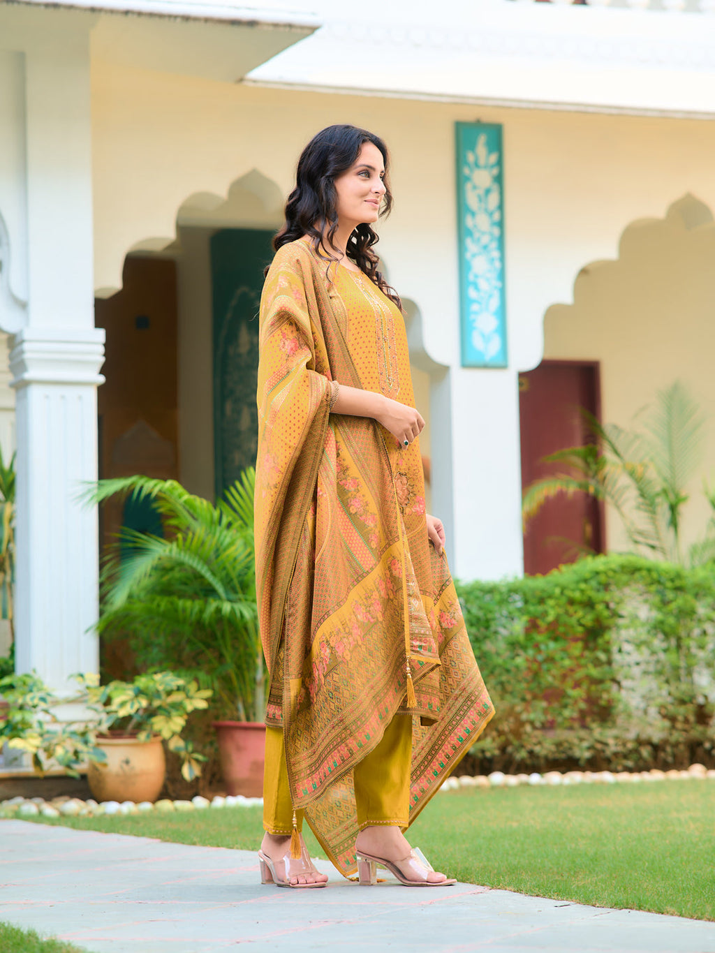 Hand Embroidered & Printed Pure Silk Kurta With Pant & Printed Dupatta, Yellow - Hiral Fashion | Grocsy