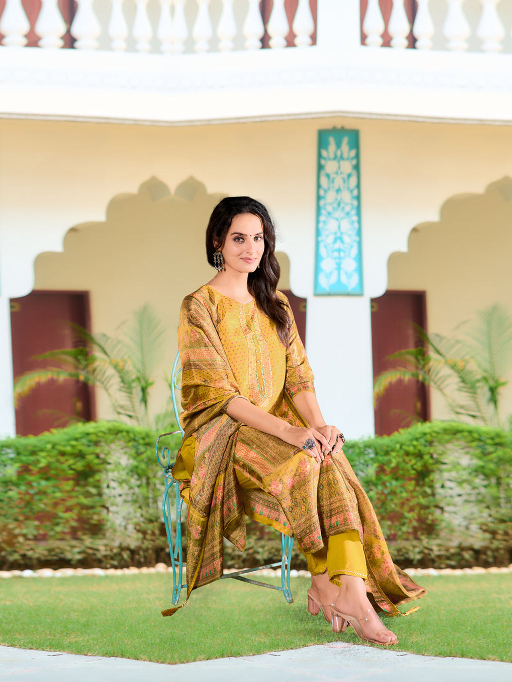 Hand Embroidered & Printed Pure Silk Kurta With Pant & Printed Dupatta, Yellow - Hiral Fashion | Grocsy