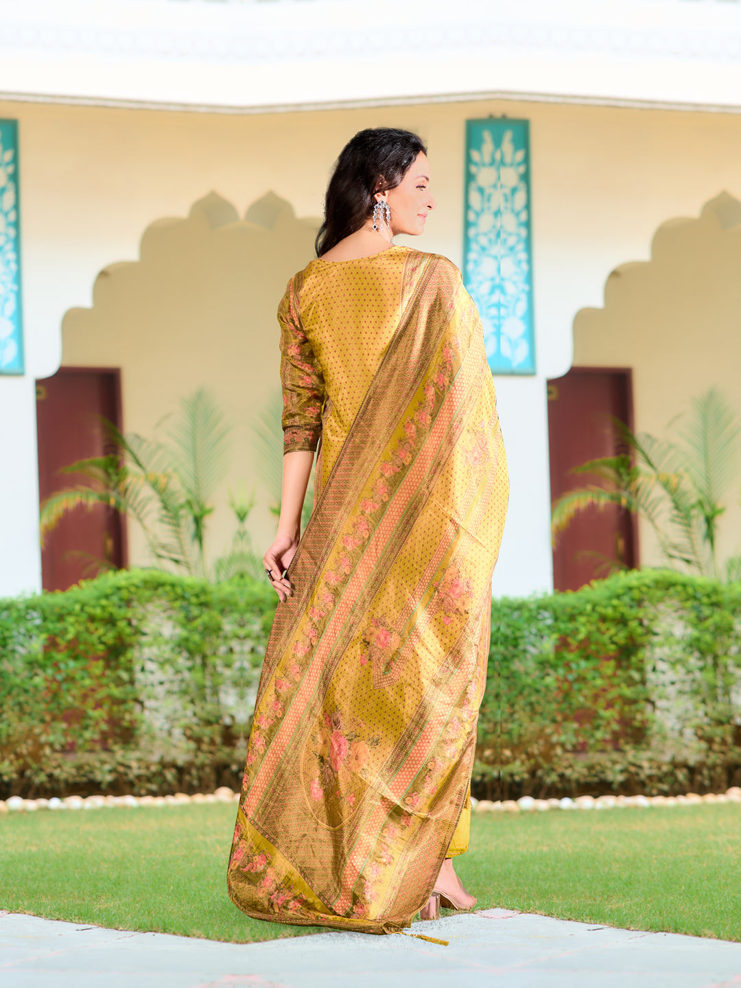 Hand Embroidered & Printed Pure Silk Kurta With Pant & Printed Dupatta, Yellow - Hiral Fashion | Grocsy