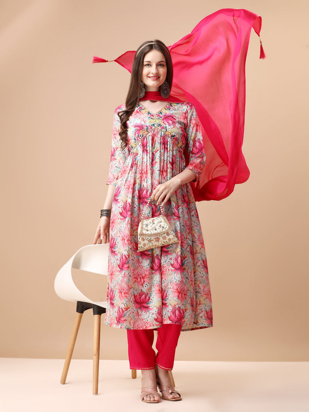 Alia Cut Hand Embroidered Floral Printed Pure Chinon Kurta With Pant & Dupatta, Multicolor - Hiral Fashion | Grocsy