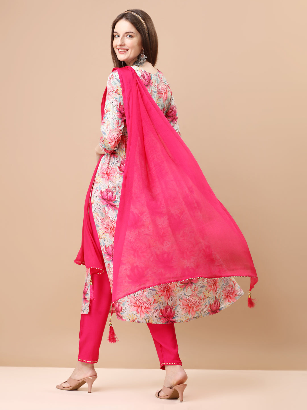 Alia Cut Hand Embroidered Floral Printed Pure Chinon Kurta With Pant & Dupatta, Multicolor - Hiral Fashion | Grocsy