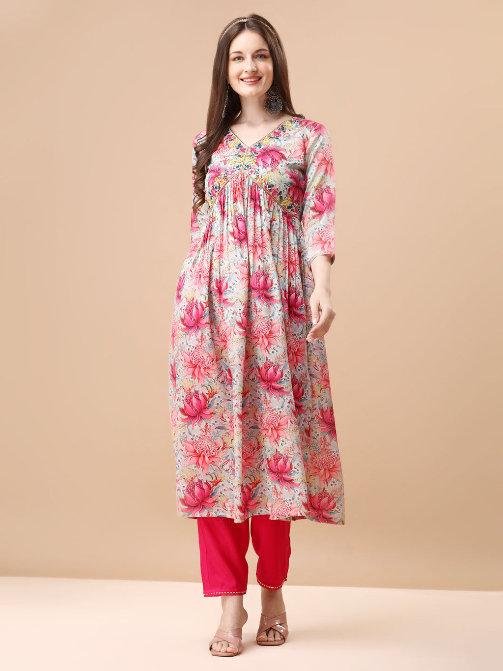Alia Cut Hand Embroidered Floral Printed Pure Chinon Kurta With Pant & Dupatta, Multicolor - Hiral Fashion | Grocsy