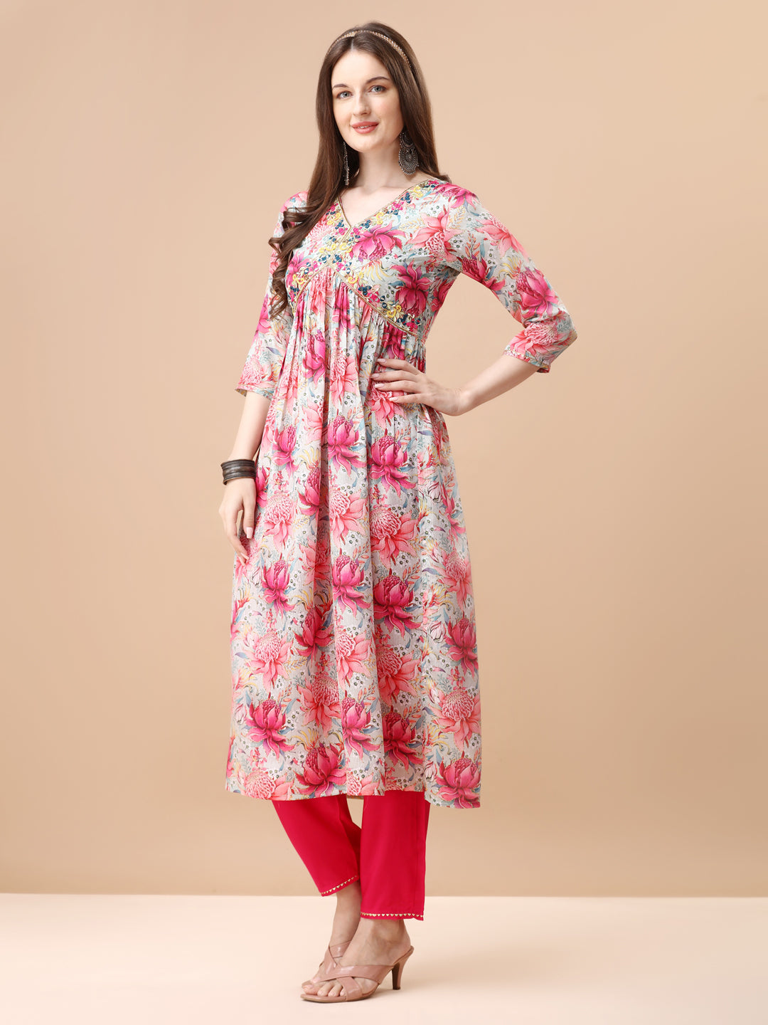 Alia Cut Hand Embroidered Floral Printed Pure Chinon Kurta With Pant & Dupatta, Multicolor - Hiral Fashion | Grocsy