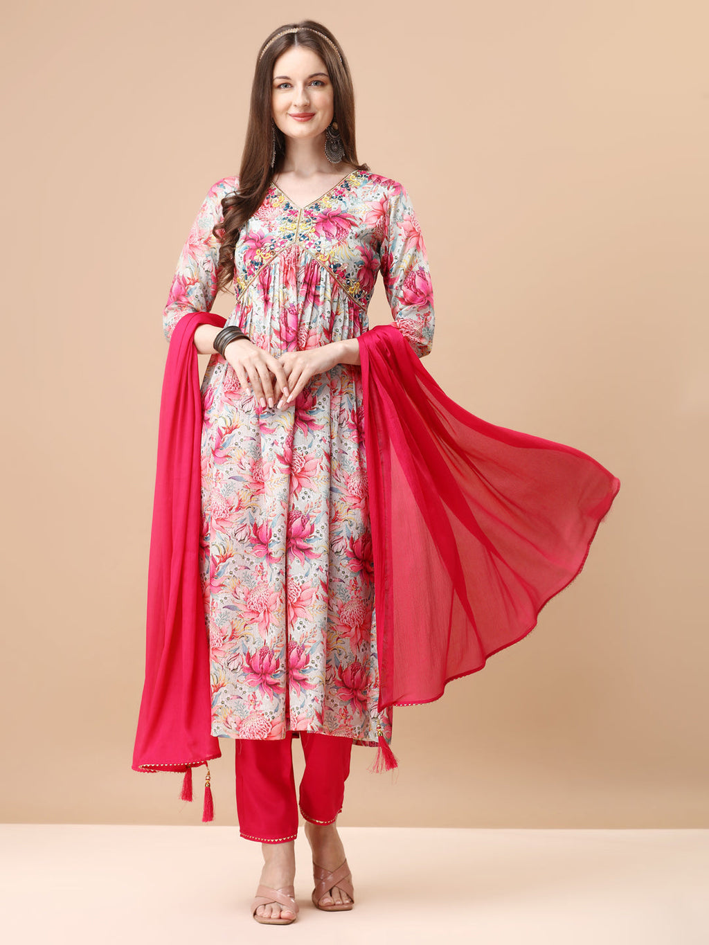 Alia Cut Hand Embroidered Floral Printed Pure Chinon Kurta With Pant & Dupatta, Multicolor - Hiral Fashion | Grocsy