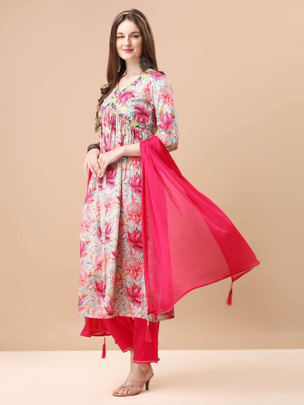Alia Cut Hand Embroidered Floral Printed Pure Chinon Kurta With Pant & Dupatta, Multicolor - Hiral Fashion | Grocsy