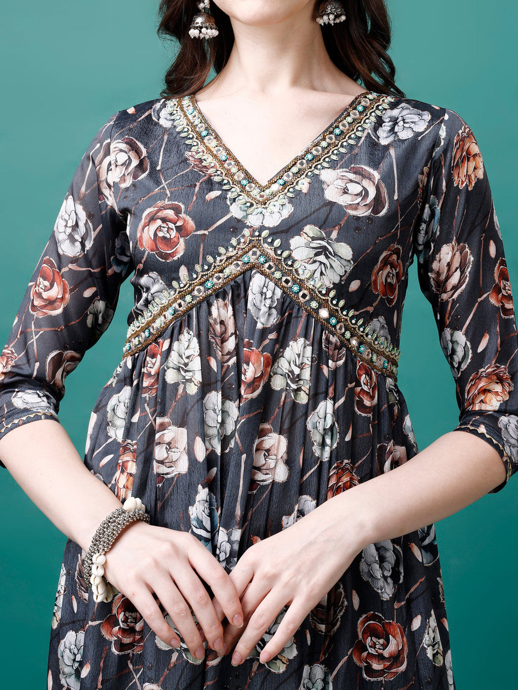 Alia Cut Hand Embroidered Floral Printed Pure Chinon Kurta With Pant & Dupatta, Multicolor - Hiral Fashion | Grocsy