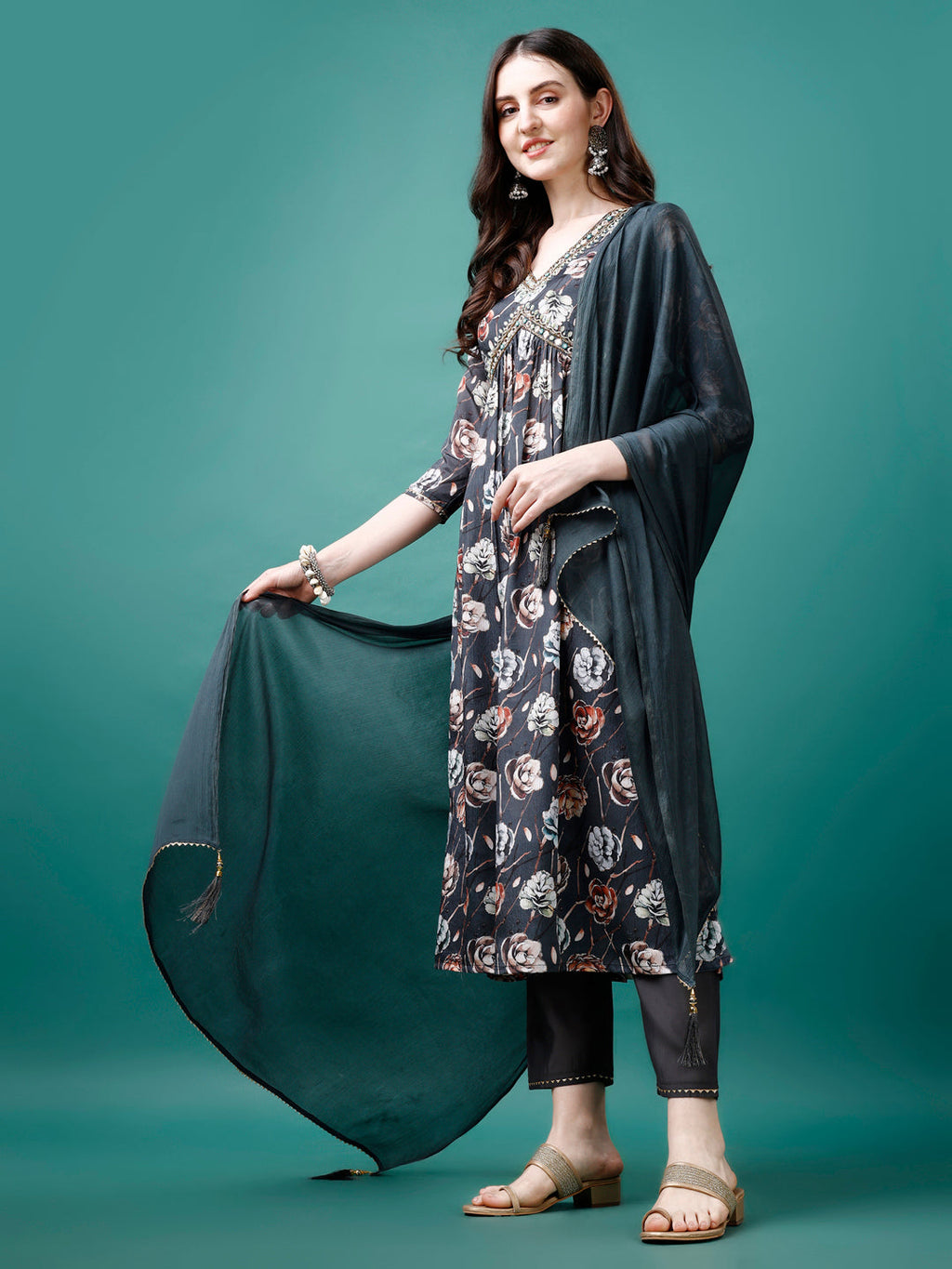 Alia Cut Hand Embroidered Floral Printed Pure Chinon Kurta With Pant & Dupatta, Multicolor - Hiral Fashion | Grocsy