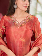 Hand Embroidered & Printed Pure Silk Kurta With Pant & Printed Dupatta, Rust - Hiral Fashion | Grocsy