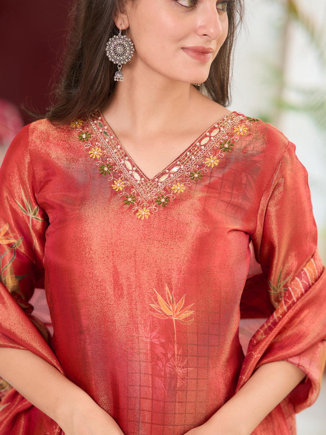 Hand Embroidered & Printed Pure Silk Kurta With Pant & Printed Dupatta, Rust - Hiral Fashion | Grocsy