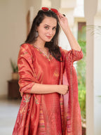 Hand Embroidered & Printed Pure Silk Kurta With Pant & Printed Dupatta, Rust - Hiral Fashion | Grocsy